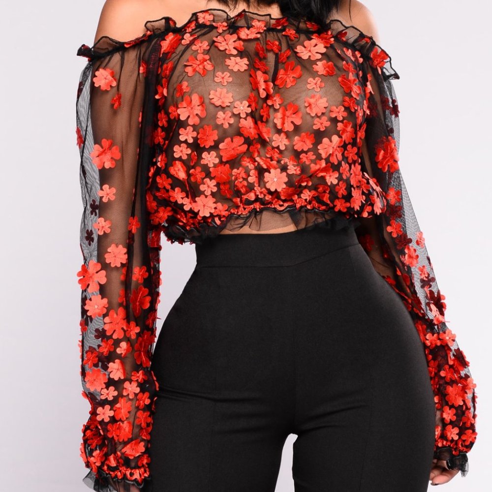 Fashion Nova Embroidered Mesh Top